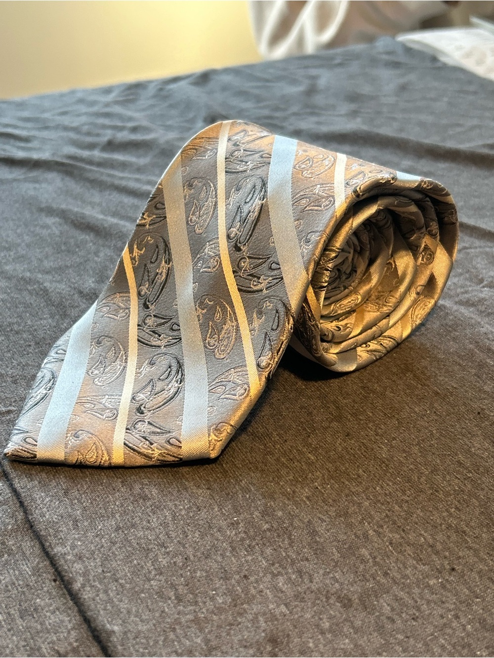 Saxony Vintage Men's Paisley Stripe Tie in Silver Gray